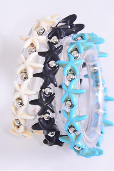 Bracelet Semiprecious Stone Starfish Stretch / 12 pcs = Dozen Stretch , 4 Of each Pattern Asst , Hang Tag and Opp Bag & UPC Code