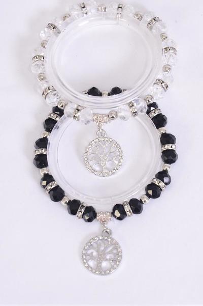 Charm Bracelet Glass Crystal Tree Of Life Black Clear Mix / 12 pcs = Dozen Stretch , 6 Black , 6 Clear Mix , Hang Tag & Opp Bag & UPC Code