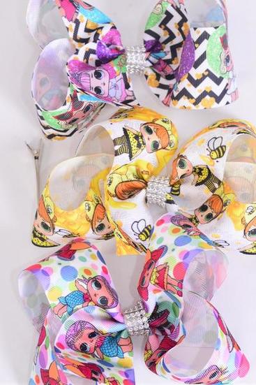 Hair Bow Jumbo Fun Girls Pattern Asst Grosgrain Bow-tie/DZ Alligator Clip,Size-6"x 5" Wide,4 Of Each Pattern Asst,Clip Strip & UPC Code