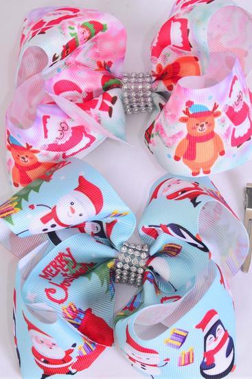 Hair Bow Jumbo Christmas  Santa W Reindeer Theme Mix Grosgrain Bow-tie / 12 pcs Bow = Dozen  Christmas , Alligator Clip , Size - 6" x 5" Wide , 6 Of Each Pattern Asst , Clip Strip & UPC Code