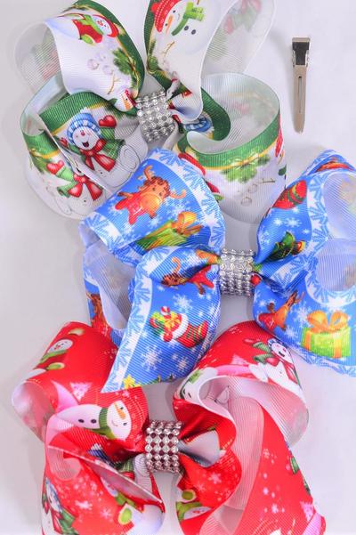 Hair Bow Jumbo XMAS Happy Snowman Stockig mix Grosgrain Bow-tie / 12 pcs Bow = Dozen Snow days , Alligator Clip , Size-6"x 5" Wide , 4 Of Each Pattern Asst , Clip Strip & UPC Code