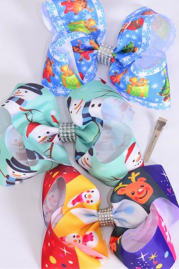 Hair Bow Jumbo Christmas Snowman Santa Stockig mix Grosgrain Bow-tie / 12 pcs Bow = Dozen Alligator Clip , Size - 6"x 5" Wide , 4 Of Each Pattern Asst , Clip Strip & UPC Code