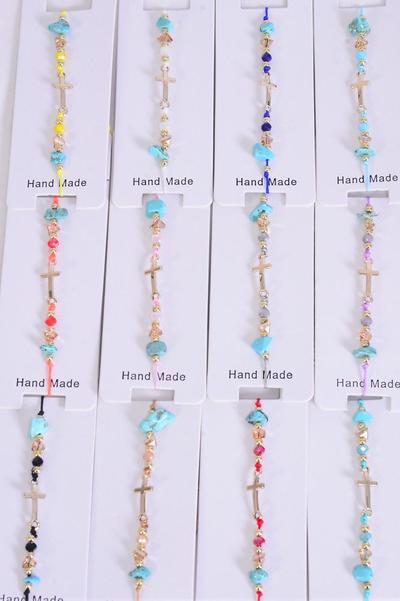 Bracelet Sideways Cross Gold Crystal Multi / 12 pcs = Dozen  Pull-String , Adjustable ,2 White ,2 Pink ,2 Purple ,2 Blue ,2 Yellow ,1 Mint Green ,1 Orange Mix ,Individual Hang tag & OPP Bag & UPC Code