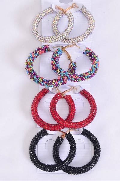 Earrings Loop Iridescent Stone Multi Mix Pattern / 12 pair = Dozen Post , Size - 1.75" Wide , 3 Clear , 3 Black , 3 Red , 3 Multi Asst , Earring Card & OPP Bag & UPC Code
