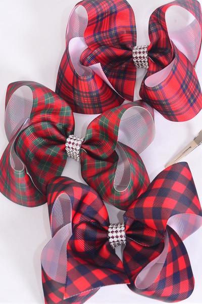 Hair Bow Jumbo Plaid Grosgrain Bow-tie / 12 pcs Bow = Dozen Alligator Clip , Size - 6" x 5" Wide , 4 Of each Pattern Asst , Clip Strip and UPC Code