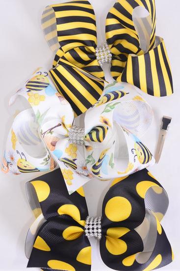 Hair Bow Jumbo Cute Honey Bee & Stripe Polka dot Mix Grosgrain Bow-tie / 12 pcs Bow = Dozen Alligator Clip , Size - 6" x 5" Wide , 4 Of each Pattern Asst , Clip Strip & UPC Code