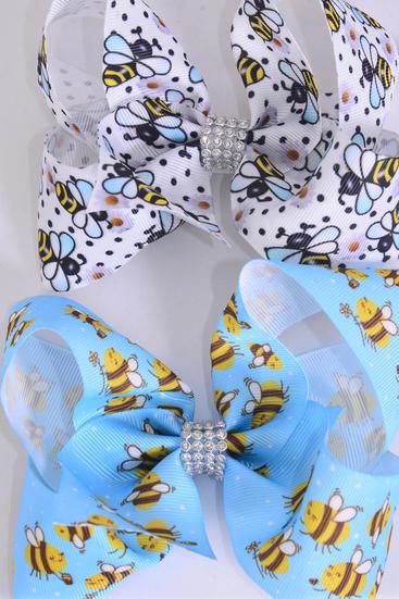 Hair Bow Jumbo Cute Honey Bees Mix Grosgrain Bow-tie / 12 pcs Bow = Dozen Alligator Clip , Size - 6" x 5" Wide , 6 Of each Pattern Asst , Clip Strip and UPC Code