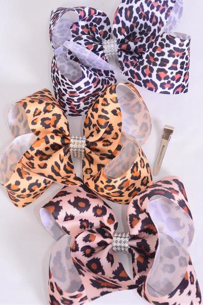 Hair Bow Jumbo Leopard Mix Grosgrain Bow-tie / 12 pcs = Dozen Alligator Clip , Size - 6" x 5" Wide , 4 of each Pattern , Clip Strip & UPC Code