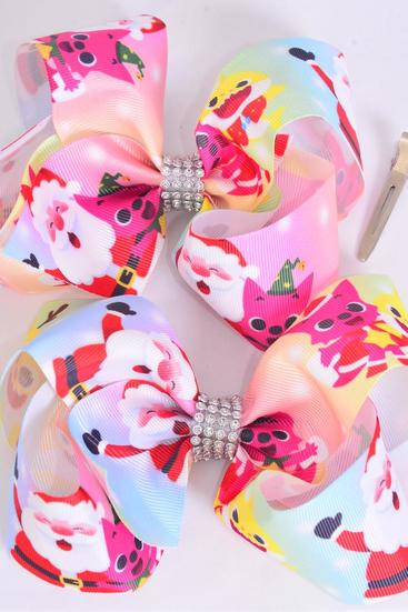 Hair Bow Jumbo Happy Santa & Friends Grosgrain Bow-tie / 12 pcs Bow = Dozen Alligator Clip , Size- 6"x 5" Wide , Clip Strip & UPC Code