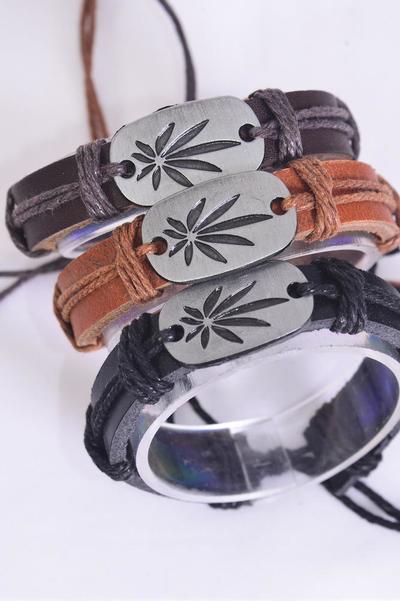 Bracelet Real Leather Band Cannabis Leaf / 12 pcs = Dozen Unisex , Adjustable , 4 of each Color Band Asst , Individual Hang tag & OPP Bag & UPC Code