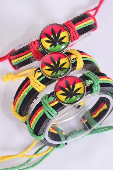 Bracelet Real Leather Band Glass Dome Cannabis Leaf Rasta / 12 pcs = Dozen  Unisex , Adjustable , 4 of each Pattern Asst , Individual Hang tag & OPP Bag & UPC Code