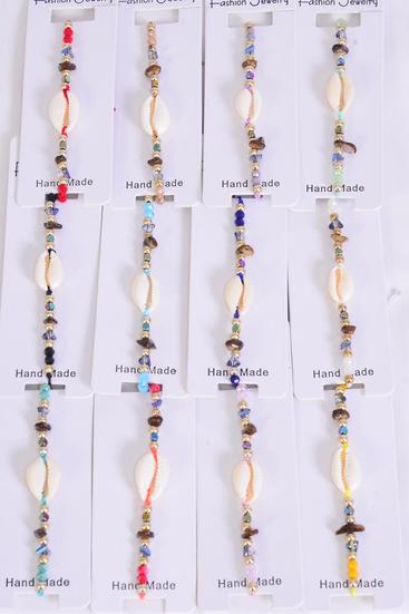 Bracelet Real Seashell Pull-String Multi / 12 pcs = Dozen Pull String , Adjustable , 12 Color Asst , Individual Hang Tag & OPP Bag & UPC Code