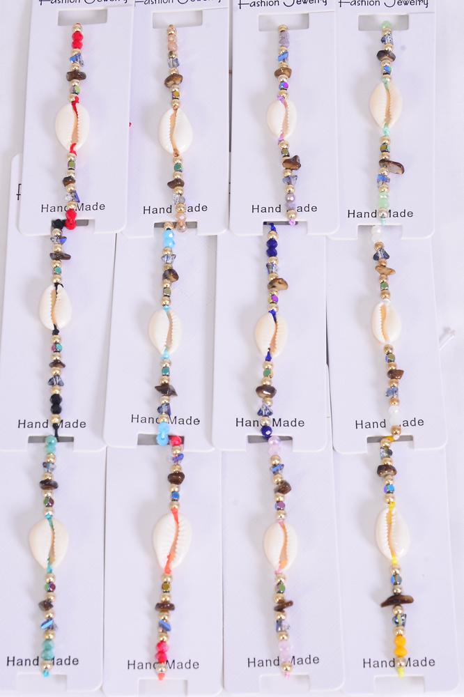 Bracelet Real Seashell PullString Multi / 12 pcs = Dozen Pull String
