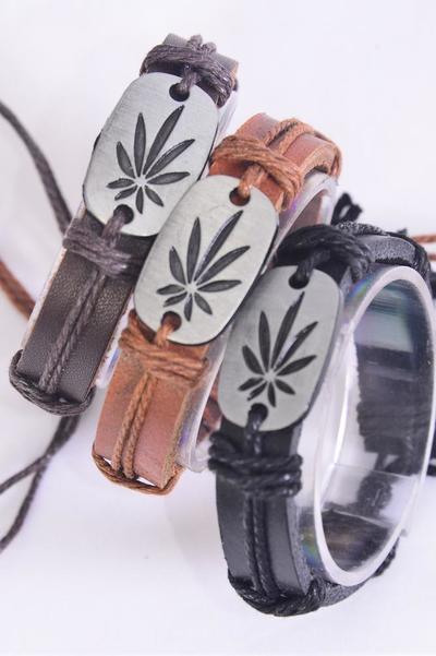 Bracelet Real Leather Band Cannabis Leaf / 12 pcs = Dozen Unisex , Adjustable , 4 of each Color Band Asst , Individual Hang tag & OPP Bag & UPC Code