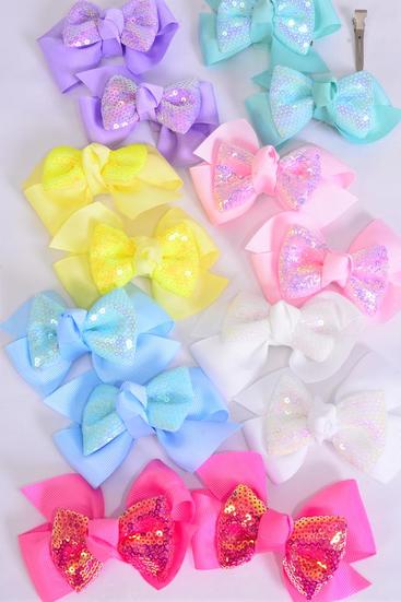 Hair Bow 24 pcs Double Layered Sequin Iridescent Pastel Grosgrain Bow-tie / 24 pcs Bow = Dozen Alligator Clip , Size - 3.5" x 3.5" , 2 White , 2 Pink , 2 Yellow , 2 Lavender , 2 Blue , 1 Hot Pink , 1 Mint Green Color Mix , Clip Strip & UPC Code