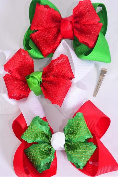 Hair Bow Jumbo XMAS Double Layered Mesh Bowtie Red White Green Mix Grosgrain Bow-tie / 12 pcs Bow = Dozen Christmas , Alligator Clip , Size-6"x 5" Wide , 4 of each Pattern Asst , Clip Strip & UPC Code