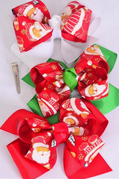 Hair Bow Jumbo Double Layered Glitter Santa Grosgrain Bow-tie / 12 pcs Bow = Dozen  Santa , Alligator Clip , Size - 6" x 5" Wide , 4 of each Pattern Asst , Clip Strip & UPC Code