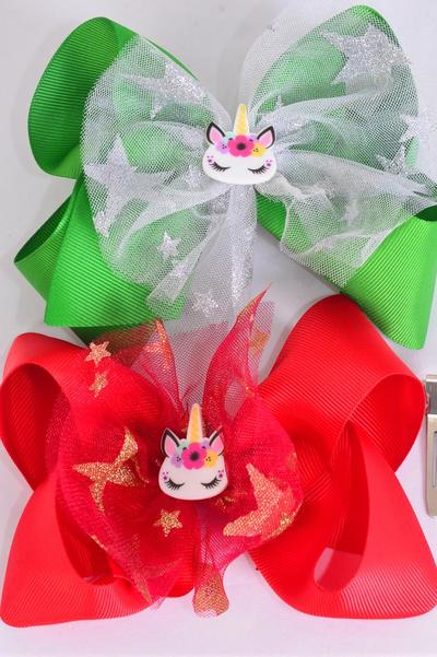 Hair Bow Jumbo XMAS Mesh Metallic Stars Unicorn Charm Grosgrain Bow-tie / 12 pcs Bow = Dozen Christmas , Size-6" x 6" , Alligator Clip , 6 Of each Pattern Asst , Clip Strip & UPC Code