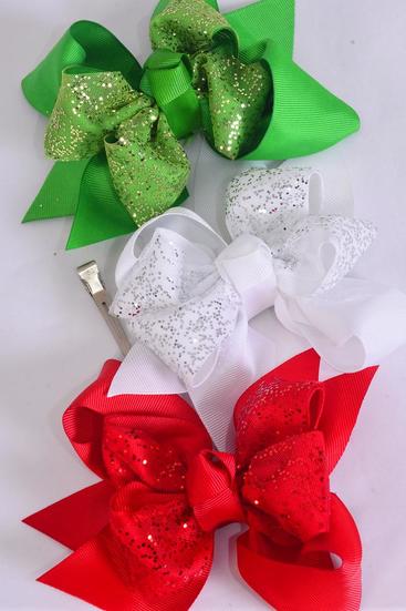 Hair Bow Jumbo Christmas Double Layered Glitters Red White Green Mix Grosgrain Bow-tie / 12 pcs Bow = Dozen Christmas , Alligator Clip , Size- 6"x 5" Wide , 4 Of each Pattern Asst , Clip Strip & UPC Code