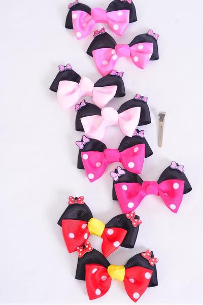 Hair Bow 24 pcs Double Layered Polka dot Grosgrain Bow-tie / 24 pcs Bow = Dozen  Alligator Clip , Size - 3.5" x 2.5" Wide , 3 Red , 3 Fuchsia , 3 Hot Pink , 3 Baby Pink Color Asst , Clip Strip & UPC Code 