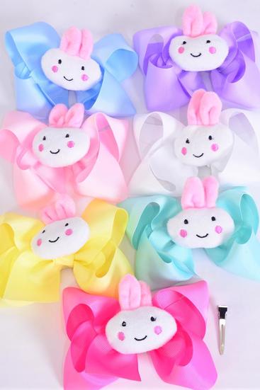 Hair Bow Jumbo Easter Bunny Stuffed Toy Charm Grosgrain Bow-tie Pastel / 12 pcs Bow = Dozen Alligator Clip , Size - 6" x 5 , 2 White ,2 Baby Pink , 2 Lavender, 2 Hot Pink , 2 Mint Green , 1 Blue , 1 Yellow Color Asst , Clip Strip & UPC Code