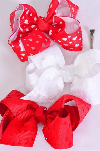 Hair Bow Jumbo Double Layered Heart Grosgrain Bow-tie /  12 pcs Bow = Dozen  Alligator Clip , Size - 6" x 5" Wide , 4 of each Pattern Asst , Clip Strip and UPC Code