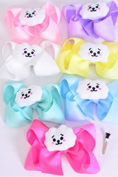 Hair Bow Jumbo Happy Cloud Stuffed Toy Charm Grosgrain Bow-tie Pastel / 12 pcs Bow = Dozen  Alligator Clip , Size - 6" x 5" Wide , 2 White, 2 Baby Pink , 2 Lavender, 2 Hot Pink , 2 Mint , 1 Blue , 1 Yellow Color Asst , Clip Strip & UPC Code