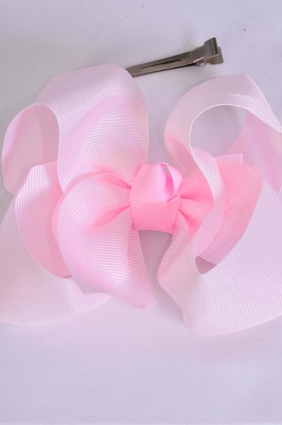 Hair Bow Jumbo Powder Pink Grosgrain Bow-tie / 12 pcs Bow = Dozen Alligator Clip , Size - 6" x 5" Wide , Clip Strip & UPC Code