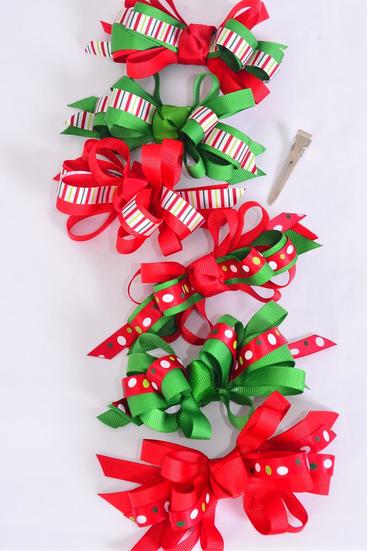 Hair Bow Large Christmas Loop Bow Polka dots Candy Strip Mix Grosgrain / 12 pcs Bow = Dozen Alligator Clip , Bow Size - 4.5" x 3.5" Wide , 2 of Pattern Asst , Display Card & UPC Code , W Clear Box