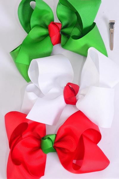 Hair Bow Xmas Grosgrain Bow-tie/DZ Christmas,Alligator Clip, Size-3"x 2" Wide,6 Red,4 Green,2 White Mix,Display Card & UPC Code,W Clear Box