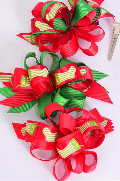Hair Bow Large Xmas Loop Bow Joy Stocking Grosgrain/DZ Christmas,Alligator Clip, Bow Size-4.5"x 4" Wide,4 of each Pattern Mix,Display Card & UPC Code,W Clear Box
