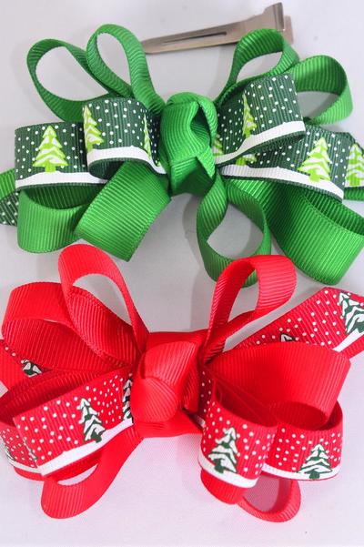 Hair Bow Large Xmas Loop Bow Alpine Tree Winter Snow Day Grosgrain Bow-tie / 12 pcs Bow = Dozen Christmas , Alligator Clip , Bow Size - 5  x 4" Wide , 6 Green , 6 Red Mix , Disply Card and UPC Code , W Clear Box
