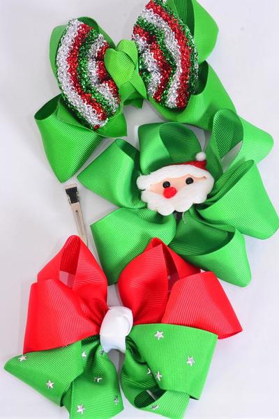 Hair Bow Jumbo Christmas Splendid Christmas Grosgrain Bow-tie / 12 pcs Bow = Dozen Christmas , Alligator Clip , Bow Size - 6" x 5" Wide , 4 of each Pattern Asst , Clip Strip & UPC Code
