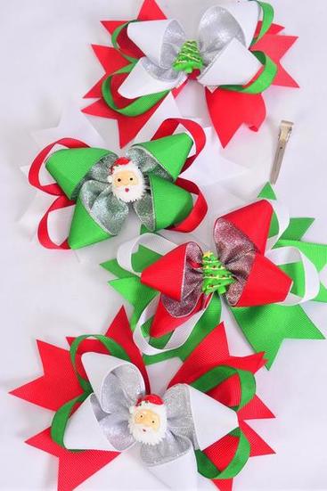Hair Bow Jumbo XMAS Triple Layered Santa & Tree Asst Grosgrain Bow-tie / 12 pcs Bow = Dozen Alligator Clip , Size-6"x 5" Wide , 3 of each Pattern Asst , Clip Strip & UPC Code
