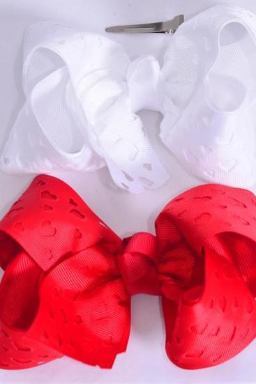 Hair Bow Jumbo Double Layered Heart Grosgrain Bow-tie Red & White Mix / 12 pcs Bow = Dozen  Alligator Clip , Size-6"x 5" Wide , 6 Red , 6 White Mix , Clip Strip & UPC Code