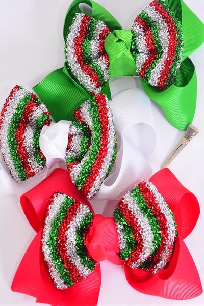 Hair Bow Jumbo XMAS Double Layered Metallic Red White Green Mix Grosgrain Bow-tie / 12 pcs Bow = Dozen Christmas , Alligator Clip , Size-6"x 5" Wide , 4 of each Color Asst , Clip Strip & UPC Code
