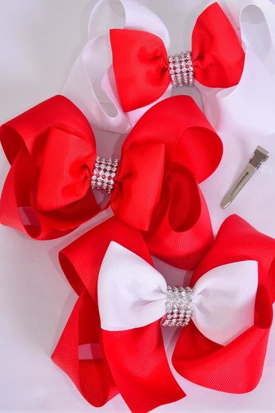 Hair Bow Jumbo Double Layered Bow Grosgrain Bow-tie Red & White Mix / 12 pcs Bow = Dozen Alligator Clip , Size- 6"x 5" Wide , 4 of each Pattern Asst , Clip Strip & UPC Code