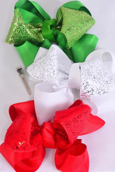 Hair Bow Jumbo Christmas Double Layered Glitter Red White Green Grosgrain Bow-tie / 12 pcs Bow = Dozen Christmas , Alligator Clip , Size- 6"x 5" Wide , 4 of each Pattern Asst , Clip Strip & UPC Code