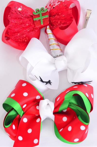 Hair Bow Jumbo Christmas Asst Patterns Grosgrain Bow-tie / 12 pcs Bow = Dozen Christmas , Alligator Clip , Size - 6" x 5" Wide , 4 of each Pattern Asst , Clip Strip & UPC Code