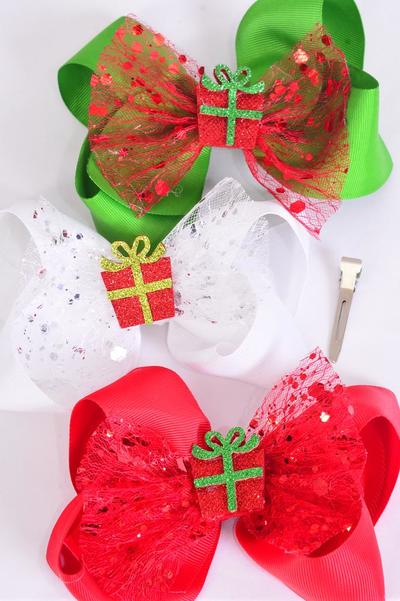 Hair Bow Jumbo Christmas Gift Box Grosgrain Bow-tie / 12 pcs Bow = Dozen Christmas , Size - 6" x 5" Wide , Alligator Clip , 6 of each Color Mix , Clip Strip & UPC Code