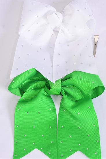 Hair Bow Extra Jumbo Long Tail Cheer Type Bow Green White Mix Clear Stone Studded Grosgrain Bow-tie/ 12 pcs Bow = Dozen Alligator Clip , Size - 6.5" x 6" Wide , 6 Green , 6 White Mix , Clip Strip & UPC Code