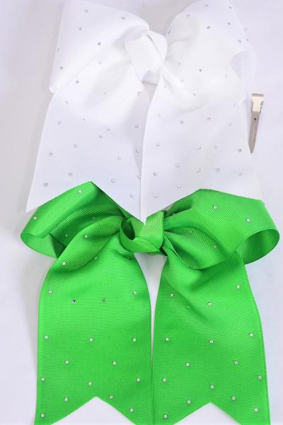 Hair Bow Extra Jumbo Long Tail Cheer Type Bow Green White Mix Clear Stone Studded Grosgrain Bow-tie/ 12 pcs Bow = Dozen Alligator Clip , Size - 6.5" x 6" Wide , 6 Green , 6 White Mix , Clip Strip & UPC Code