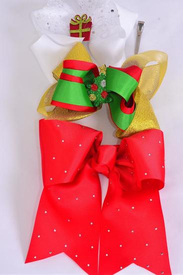 Hair Bow Jumbo Christmas Mix Grosgrain Bow-tie / 12 pcs Bow = Dozen XMAS, Alligator Clip , Size-6"x 5" Wide , 4 of each Pattern Asst , Clip Strip & UPC Code