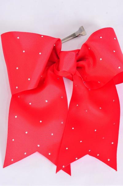 Hair Bow Extra Jumbo Long Tail Cheer Type Bow Red Clear Stone Studded Grosgrain Bow-tie/DZ Red, Alligator Clip, Size-6.5"x 6" Wide, Clip Strip & UPC Code