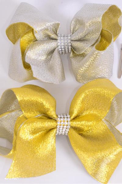 Hair Bow Jumbo Double Layered Metallic Gold Silver Mix / 12 pcs Bow = Dozen Alligator Clip , Size - 6" x 5" Wide , 6 Gold , 6 Silver Color Asst , Clip Strip & UPC Code