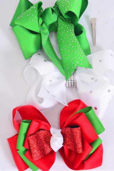 Hair Bow Jumbo XMAS Mix Grosgrain Bow-tie / 12 pcs Bow = Dozen Alligator Clip , Size-6"x 5" Wide , 4 of each Pattern Asst , Clip Strip & UPC Code