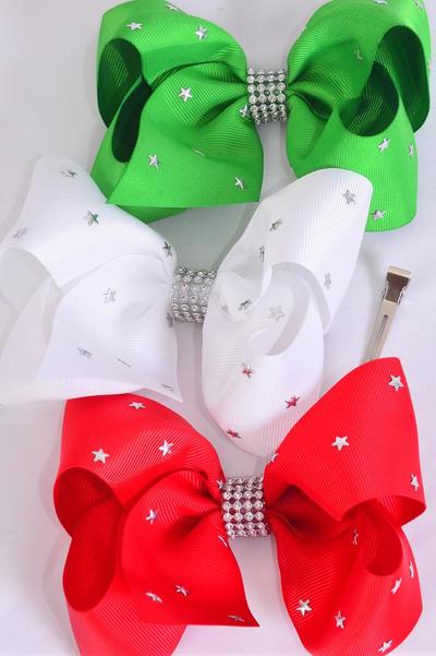 Hair Bow Jumbo XMAS Silver Star Studded Grosgrain Bow-tie Red White Green Mix / 12 pcs Bow = Dozen Christmas , Alligator Clip , Size - 6"x 5" Wide , 4 of each Pattern Asst , Clip Strip & UPC Code
