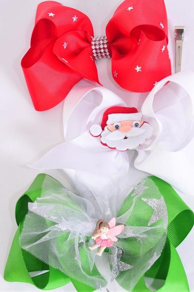Hair Bow Jumbo Christmas Santa Fairytale Charm  Star Mix Grosgrain Bow-tie / 12 pcs Bow = Dozen Xmas , Alligator Clip , Size-6"x 5" Wide , 4 of each Pattern Asst , Clip Strip & UPC Code