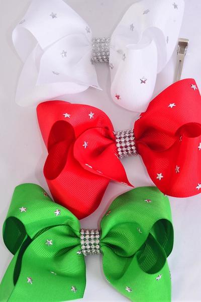 Hair Bow Jumbo XMAS Silver Star Studded Grosgrain Bowtie Red White Green Mix/DZ Christmas,Alligator Clip,Size-6"x 5" Wide,4 of each Pattern Asst,Clip Strip & UPC Code
