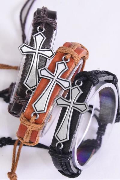 Bracelet Real Leather Band Sideways Cross / 12 pcs = Dozen  Unisex , Cross Size-1.5"x 0.75" Wide , 4 of each Color Asst , Hang Tag & OPP Bag & UPC Code